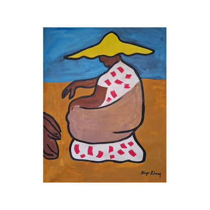 MUJER SENTADA DE PERFIL CON SOMBRERO AMARILLO