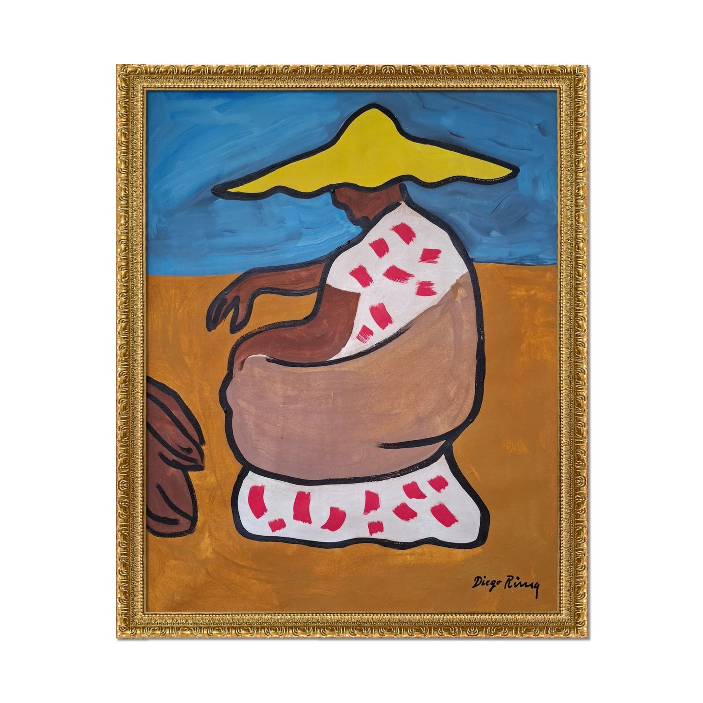 MUJER SENTADA DE PERFIL CON SOMBRERO AMARILLO
