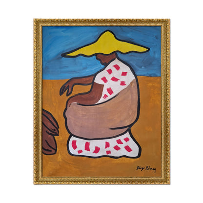 MUJER SENTADA DE PERFIL CON SOMBRERO AMARILLO