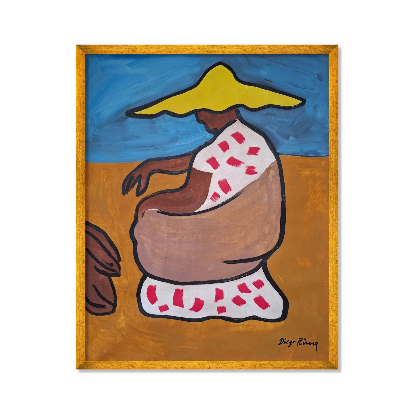 MUJER SENTADA DE PERFIL CON SOMBRERO AMARILLO
