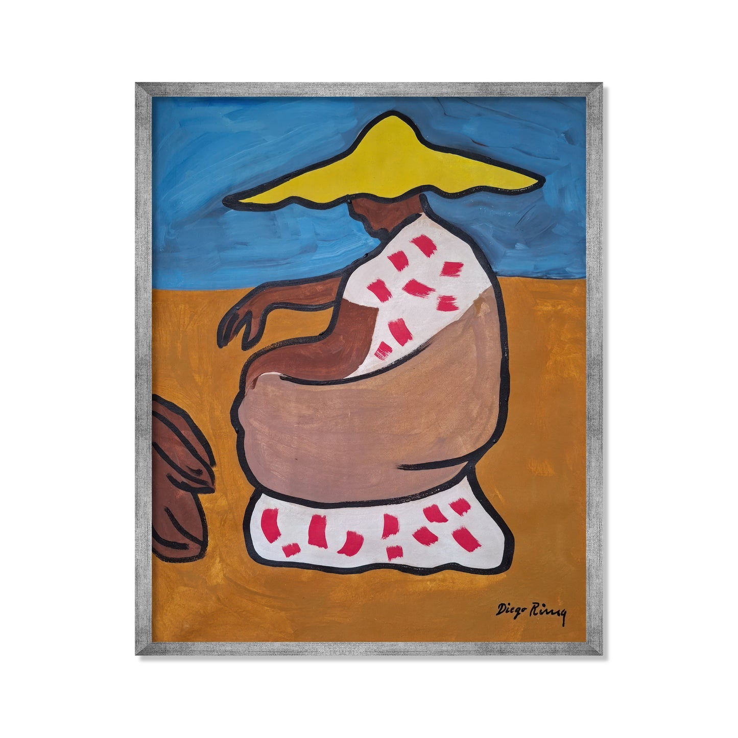 MUJER SENTADA DE PERFIL CON SOMBRERO AMARILLO