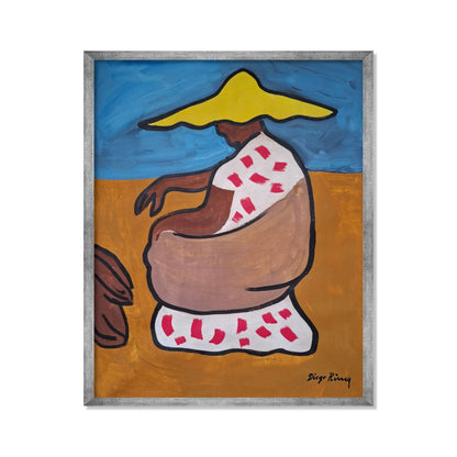 MUJER SENTADA DE PERFIL CON SOMBRERO AMARILLO