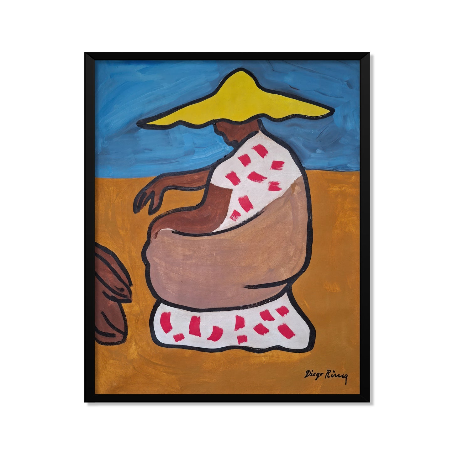 MUJER SENTADA DE PERFIL CON SOMBRERO AMARILLO