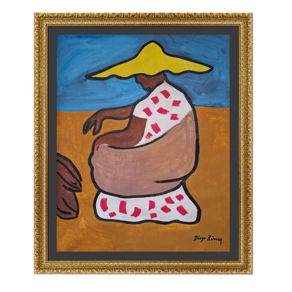 MUJER SENTADA DE PERFIL CON SOMBRERO AMARILLO
